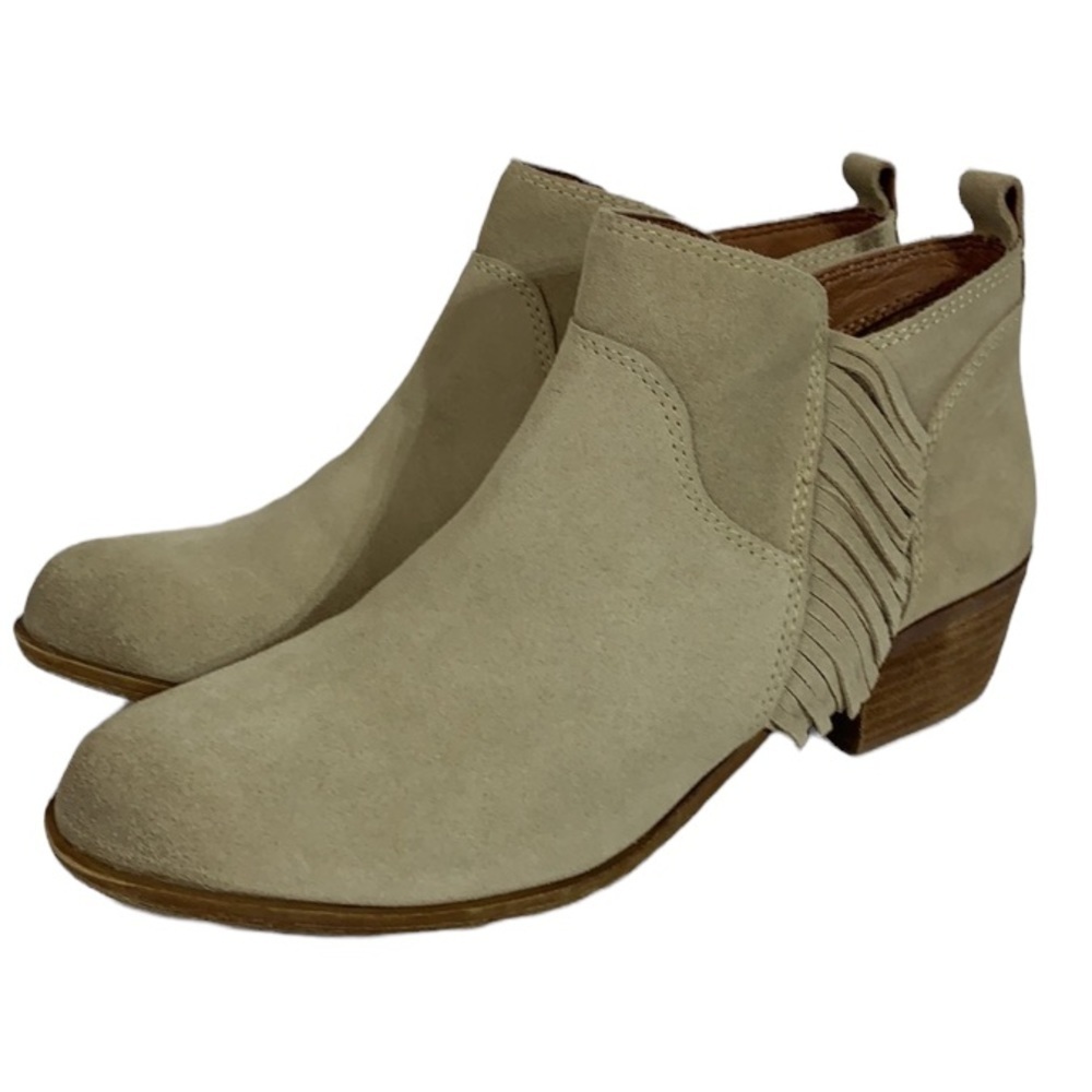 - Lucky Brand Tan Banji Suede Leather Western Fringe Stacked Heel Booties - Picture 5 of 10
